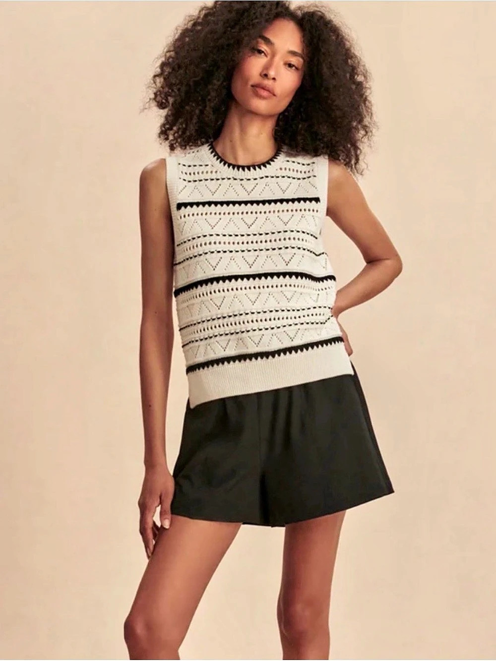 Varley Athena pointelle Knit Vest in Cream (egret) and Black Size Medium NWT